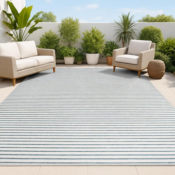 Pinstripe Reversible Washable Indoor Outdoor Area Rug Navy/Cream, Damon Classic Coastal for Backyard, Patio
