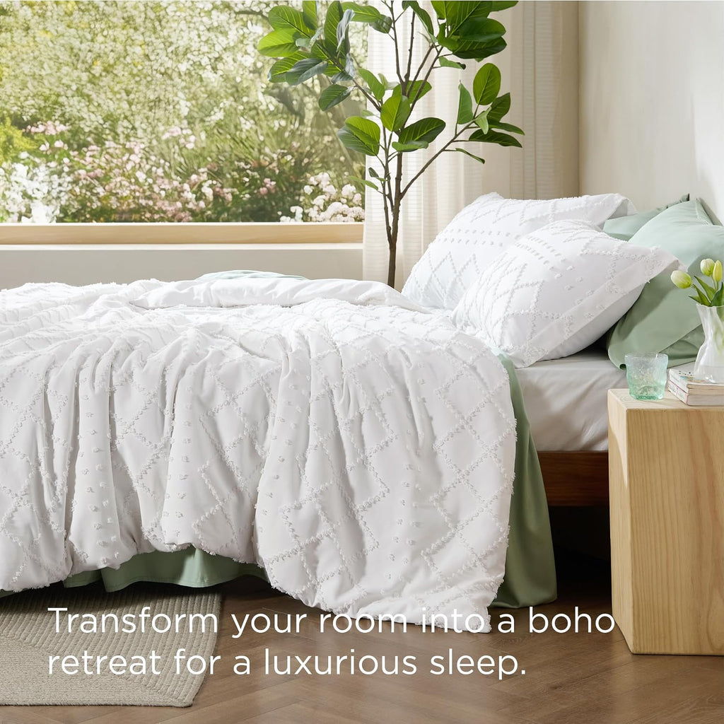 Boho Duvet Cover King - Boho Bedding, Tufted King Duvet Cover for All Seasons, 3 Pieces Embroidery Distressed Vintage