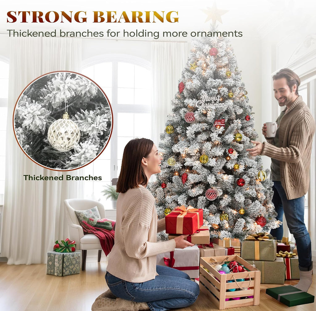 Prelit Snow Flocked Christmas Tree 7.5ft with Remote | Hinged Pine Christmas Tree w/ 550 Warm White/Multicolor