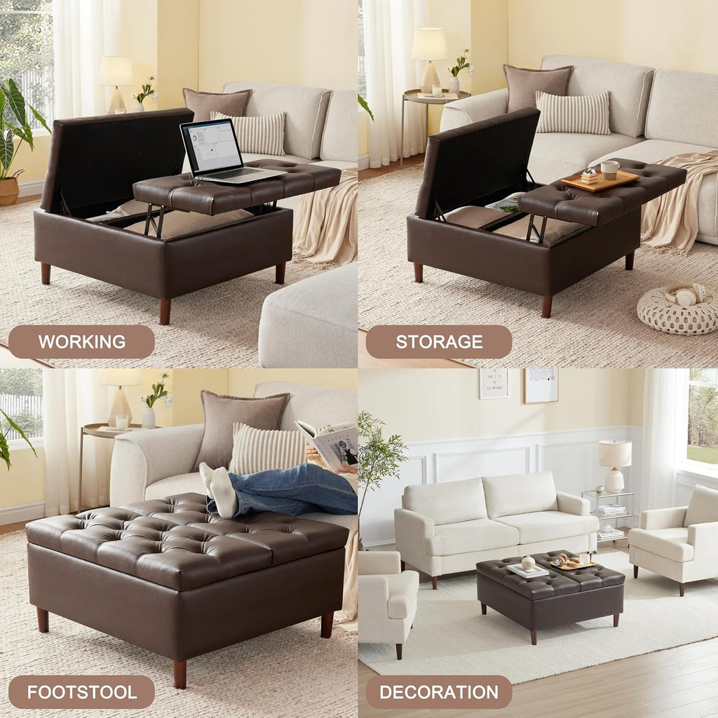 35" Large Storage Ottoman Coffee Table, Square Ottoman, Brown | Oversized Square Ottoman with Storage, No Assembly