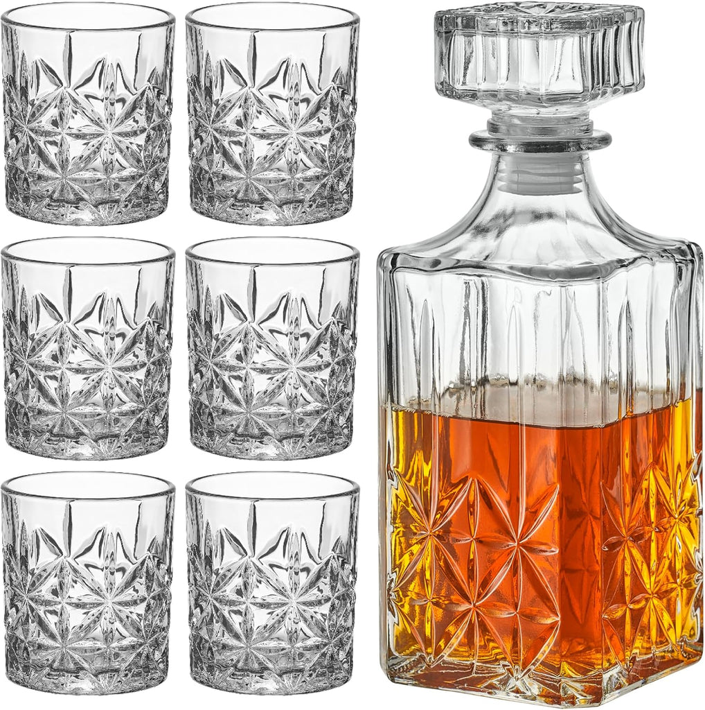Whiskey Decanter Set with Glasses - Prestigious Whiskey Set with 25oz Liquor Decanter and 6 Glasses - Upscale Whisky - Set of 7