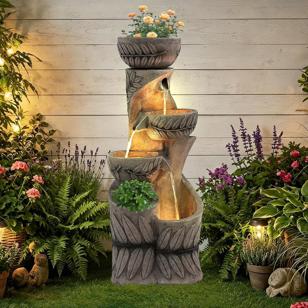 36" H Garden Water Fountains Outdoor, Waterfall Fountain with Lights | 4-Tier Large Cascading Leaf Carving Indoor