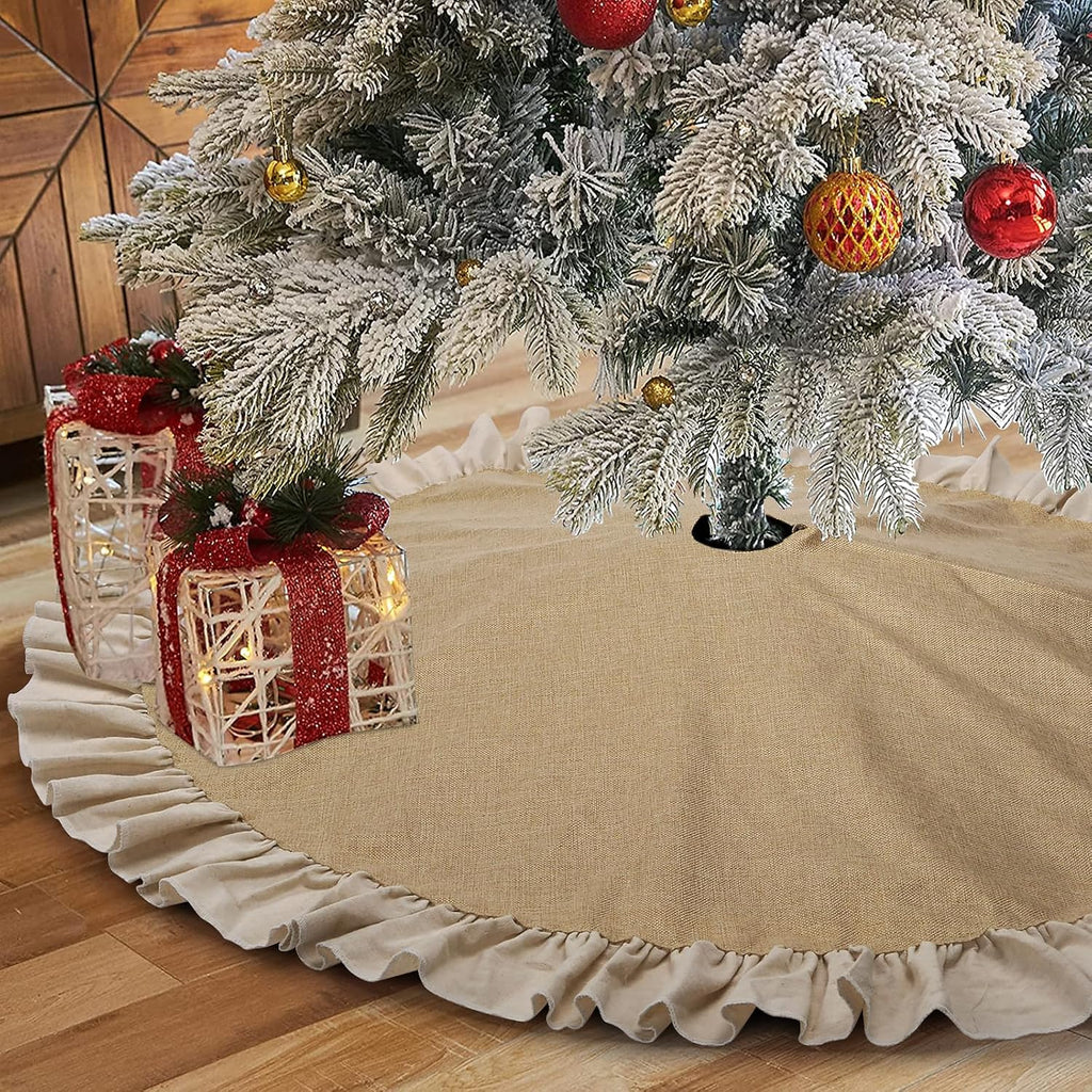 Burlap Fall Christmas Tree Skirt with Ruffle, 48'' Large Tree Decorations