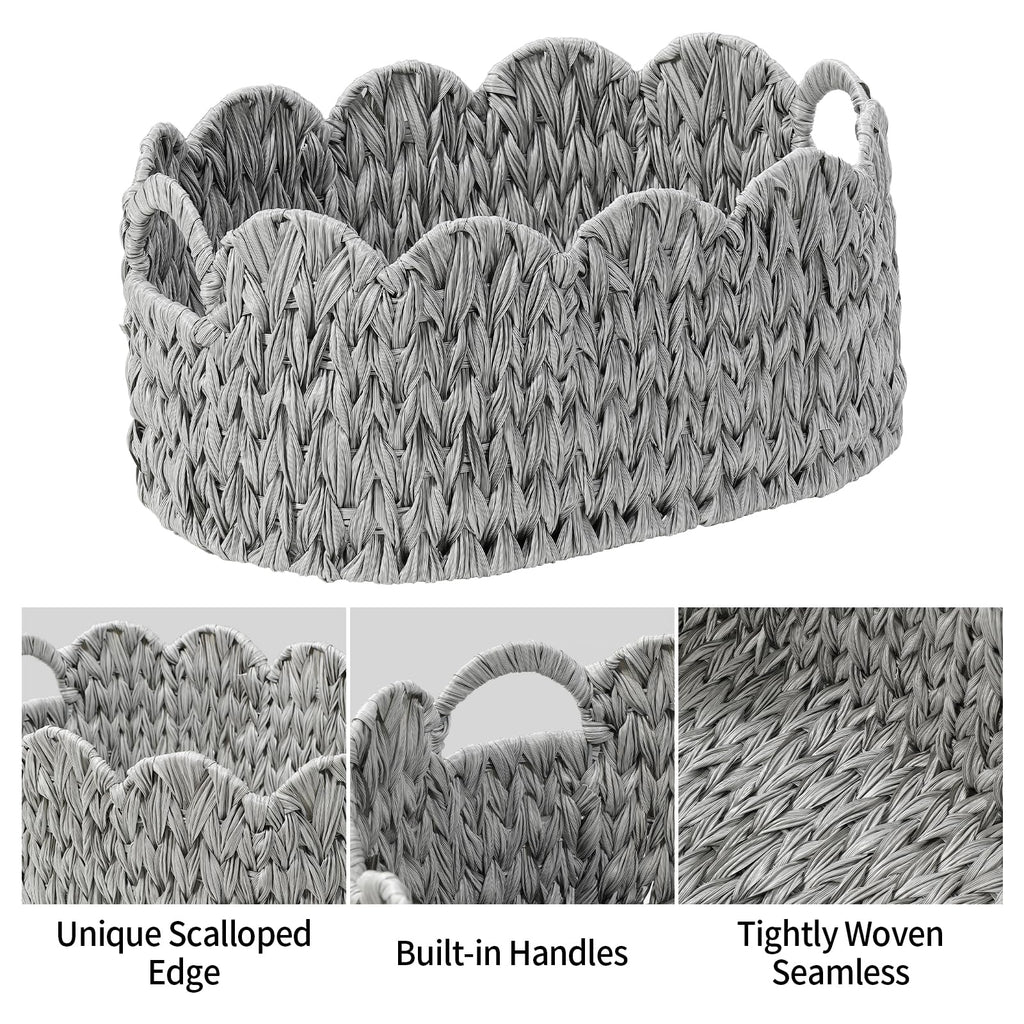 Set of 2 Scalloped Baskets, Small Wicker Baskets for Gifts, Grey