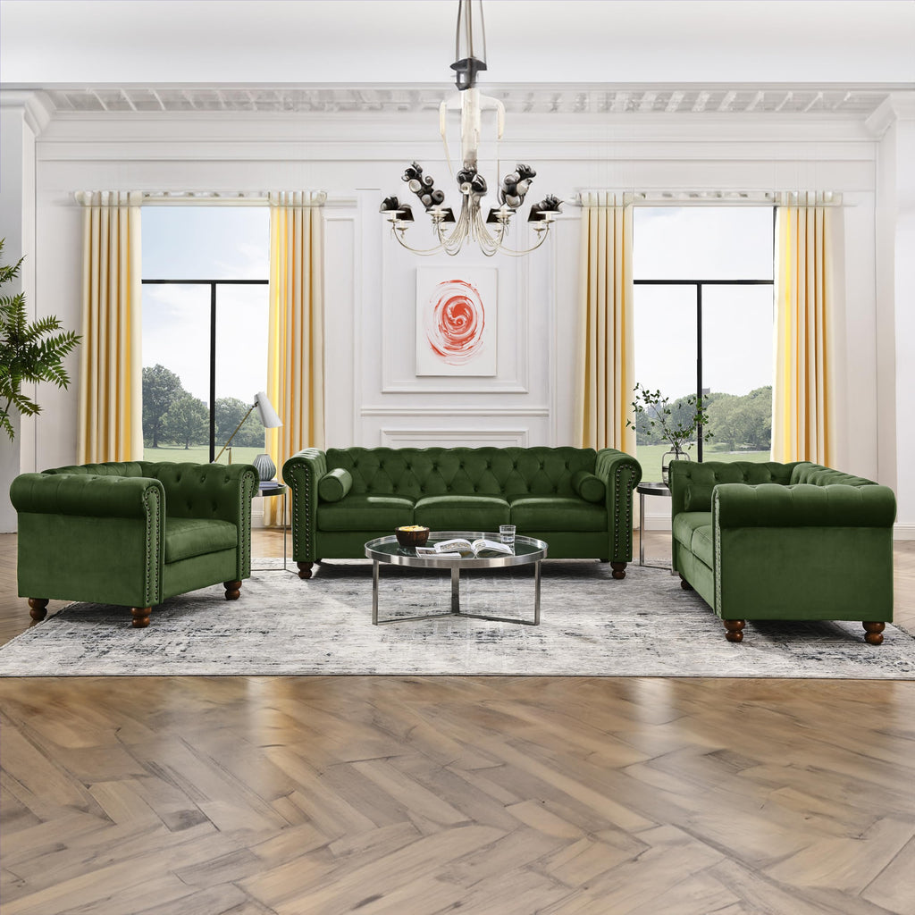 80.3" Green Velvet Chesterfield Sofa with Nailhead Trim, 3-Seater Couch