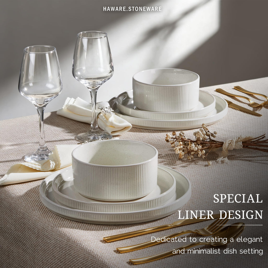 Dinnerware Sets, Plates and Bowls Set for 4, Speckled Ivory White