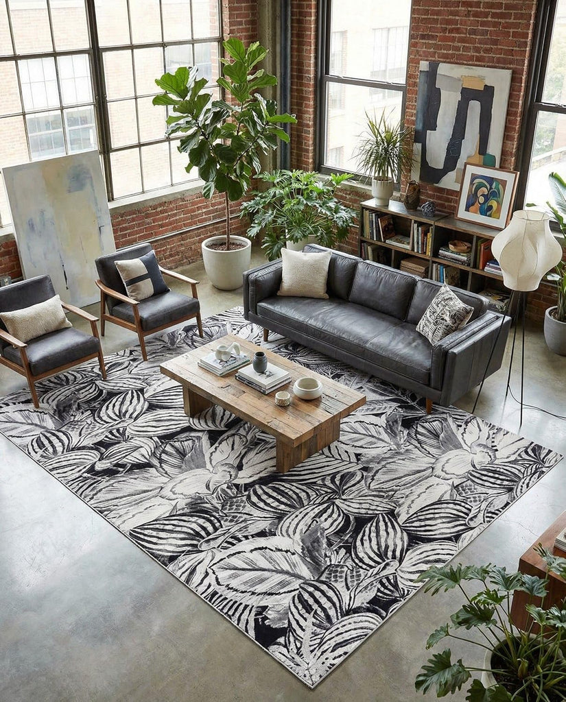 Blossom Rug - 10' x 14' Charcoal Easy-Clean Area Rug - Modern Botanical Design