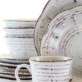 Rustic Birch 16 Piece Embossed Scalloped Stoneware Round Dinnerware Set in White with Brown Accents