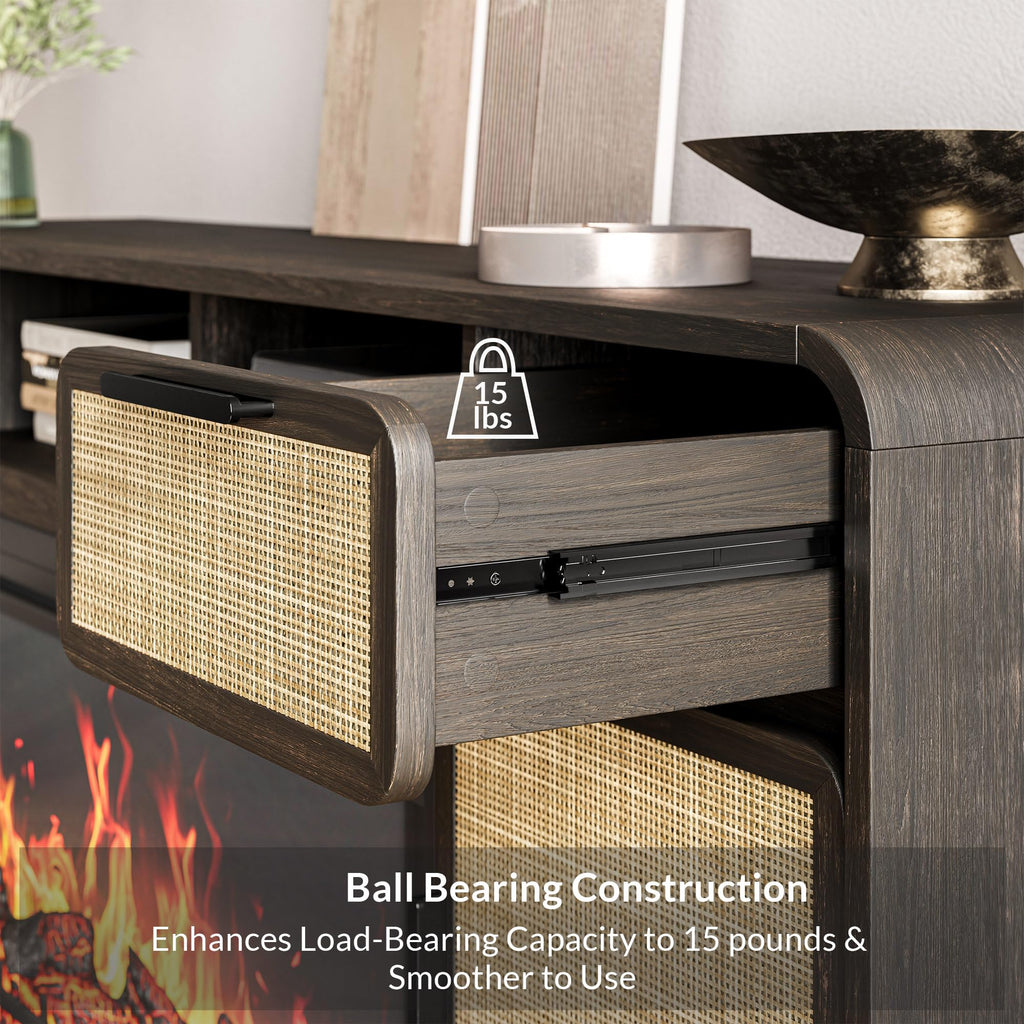 68" TV Stand for TV Up to 75", Boho Entertainment Center with 36" Electric Fireplace Heater with Sound, Rattan
