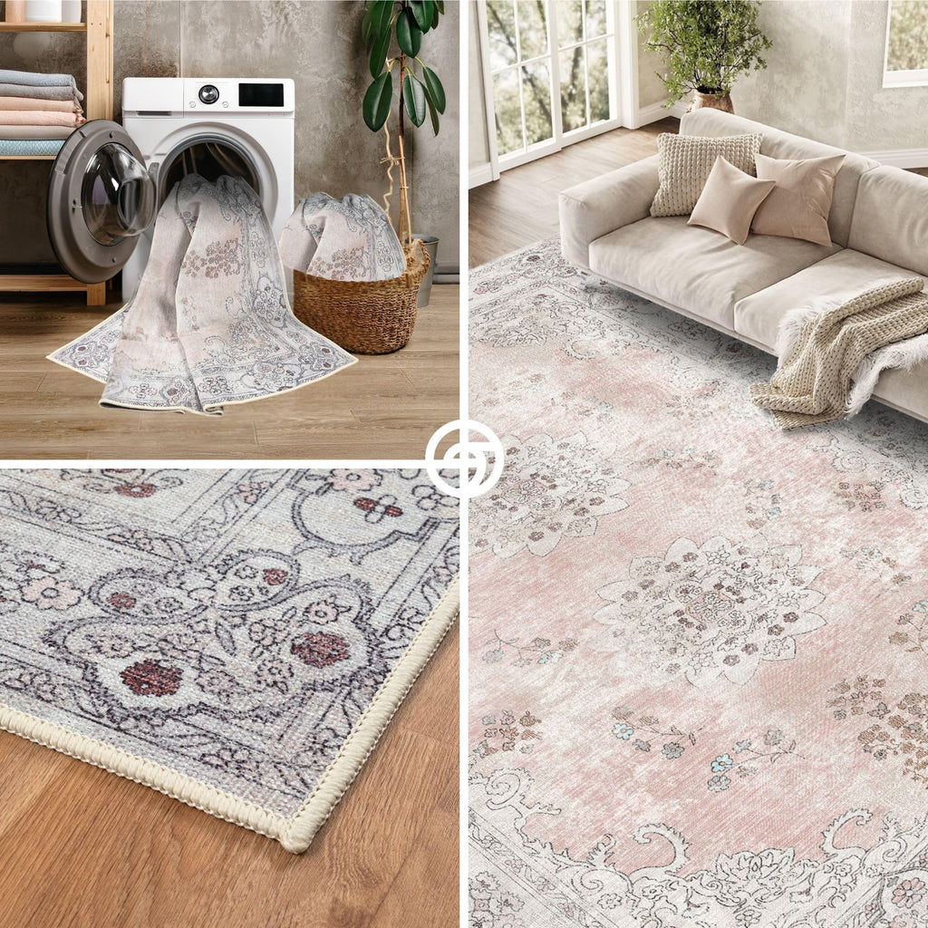 Lite Pink Oushak Area Rug 2' - Washable Area Rugs, Non-Slip Small Throw, Vintage Low Pile Turkish Eclectic