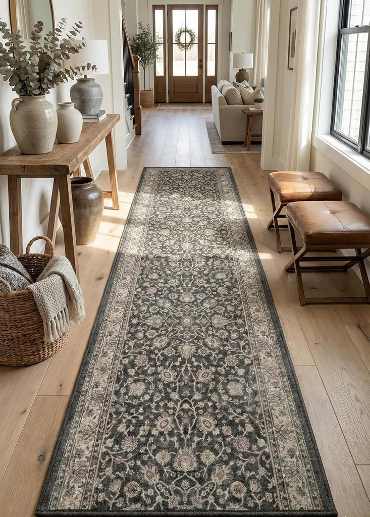 Custom Size Hallway & Stair Runner- Asha Rome Black 26 Inches Wide Super Thin Long Runner (26" x 3' Runner) Rug