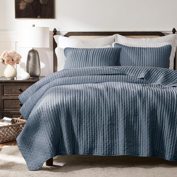 Blue Cross Stitch King Quilt Set, Striped Lightweight Soft Bedspread, Channel Farmhouse Rustic Coverlet, All Season