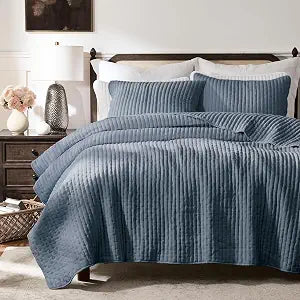 Blue Cross Stitch King Quilt Set, Striped Lightweight Soft Bedspread, Channel Farmhouse Rustic Coverlet, All Season