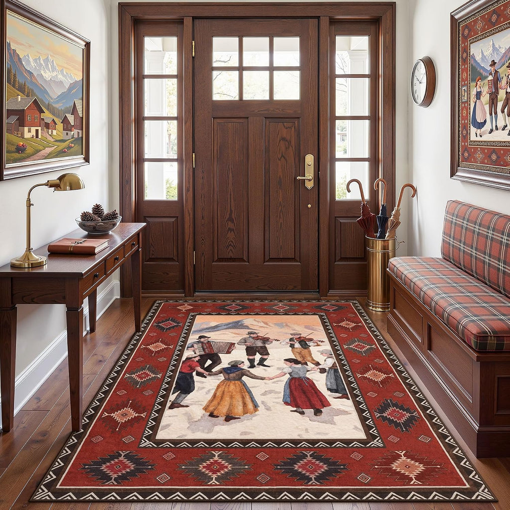 Red Ivory Southwestern Folk Art Rug