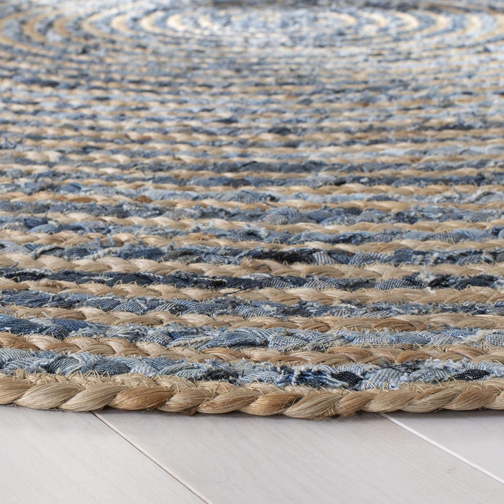 Cape Cod Collection Area Rug - Oval, Natural & Blue, Handmade Flat Weave Jute, Ideal for High Traffic Areas