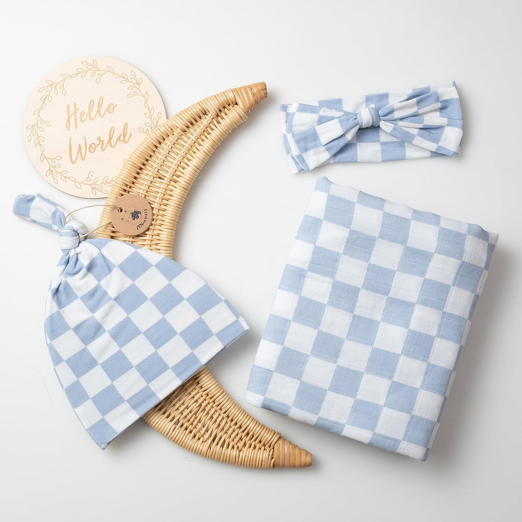 Checkered Muslin Swaddle Set, 100% Organic Cotton, Mist Blue,Checkerboard, Gender-Neutral, with Matching Bow, hat