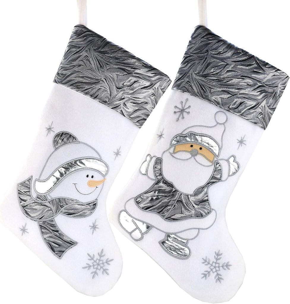 Classic White Silvery Christmas Stockings Santa, Snowman Xmas Character Fireplace Hanging Stockings 17 - Set of 2