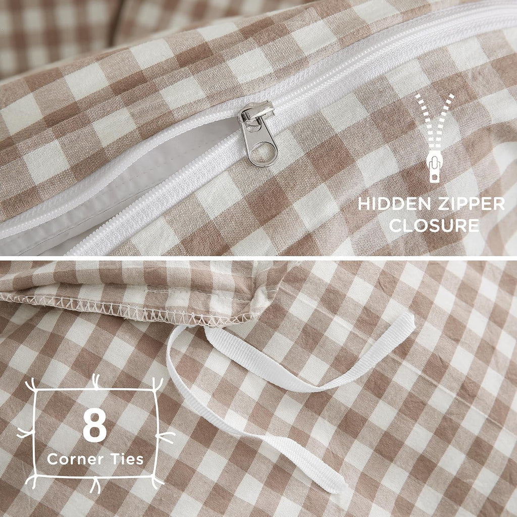 Tan Gingham Duvet Cover Bedding Set 100% Washed Cotton Like Linen Feel Super Soft Comfy 3 Piece Brown Vintage Plaid
