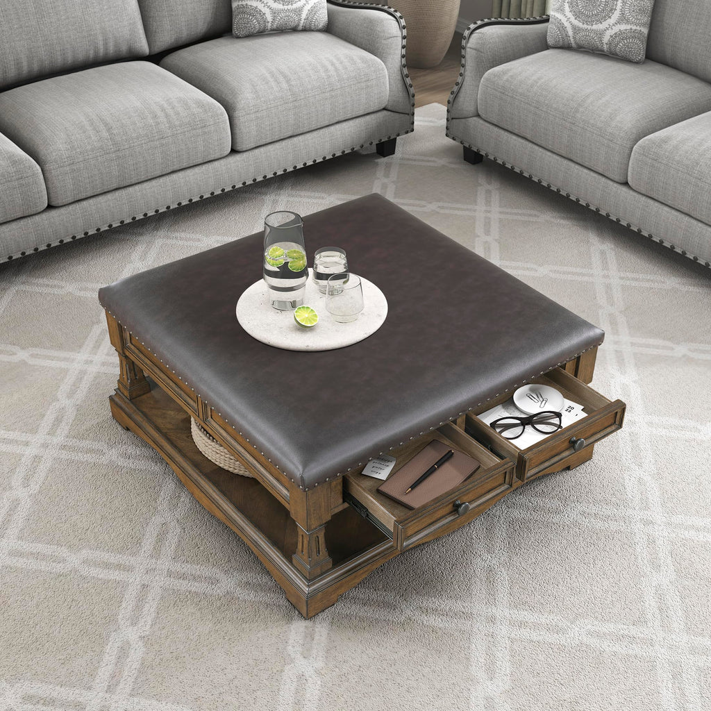 39" Square Storage Ottoman Coffee Table, Faux Leather, Brown