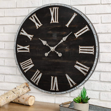 28 Inches Huge Wall Clock Chic Distressed Black Clock Antique Rustic Wooden Clock Silent Non-Ticking Battery Operated