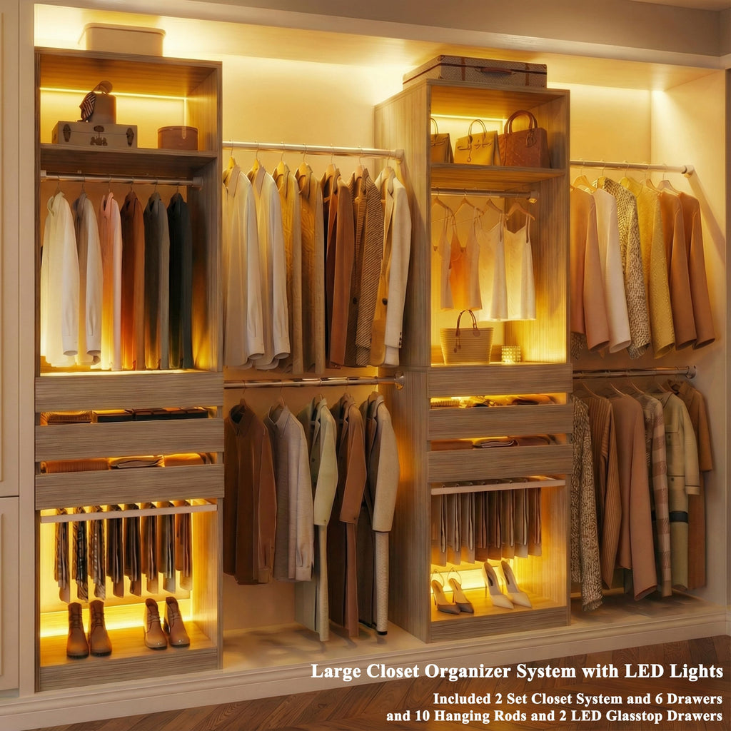Closet System Set of 2, 5.7-10.4FT Closet Organizer System with 6 Drawers