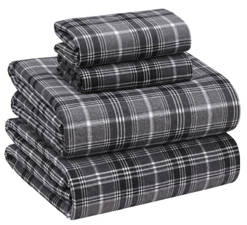 100% Cotton Flannel Sheets 4 Pcs Set, Grey Plaid