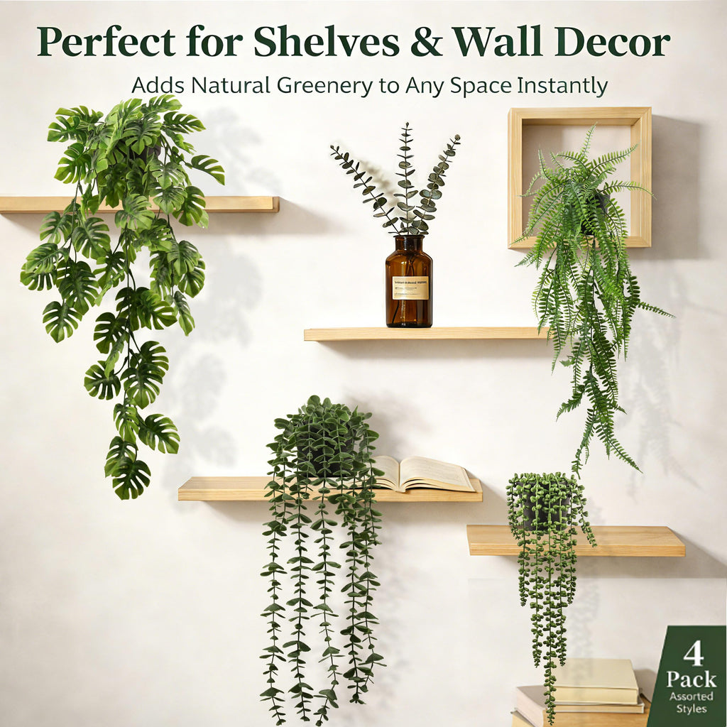 4 Pack Artificial Hanging Plants Indoor - Faux Hanging Wall Plants, String of Pearls, Eucalyptus & Monstera, Fake