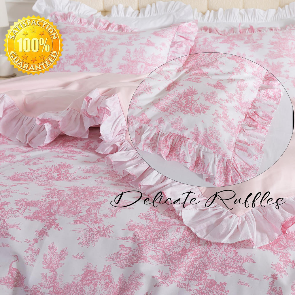 French Country Toile Duvet Cover Set Organic Cotton Farmhouse Bedding Set Pink Pastoral Pattern Breathable