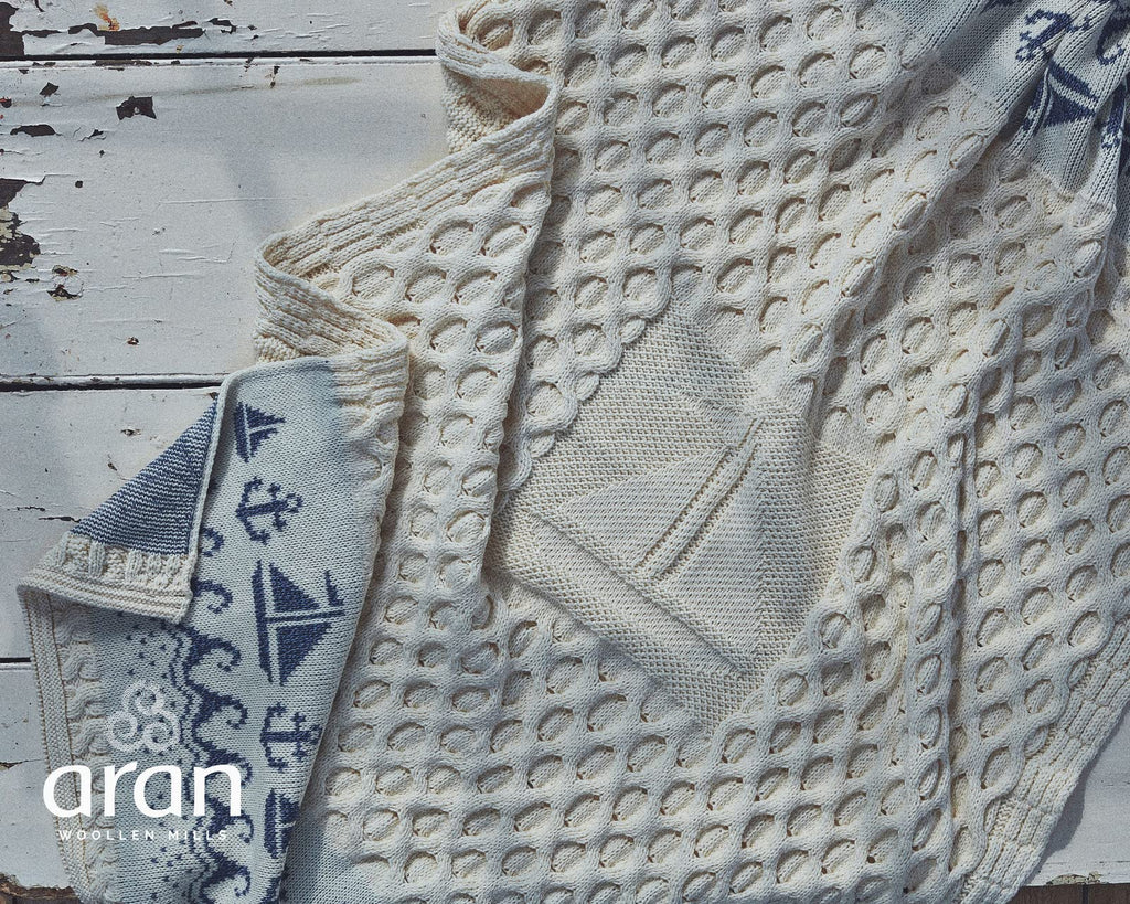 Woollen Mills Irish Blanket 100% Throw Honeycomb Knit Couch Sofa Made in Ireland 42" x 62" Natural