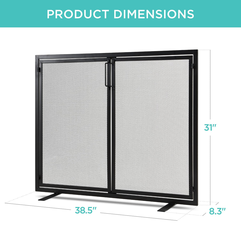 38.5x31in 2-Door Fireplace Screen, Handcrafted Wrought Iron Decorative Mesh Geometric Fire Spark Guard w/Magnetic