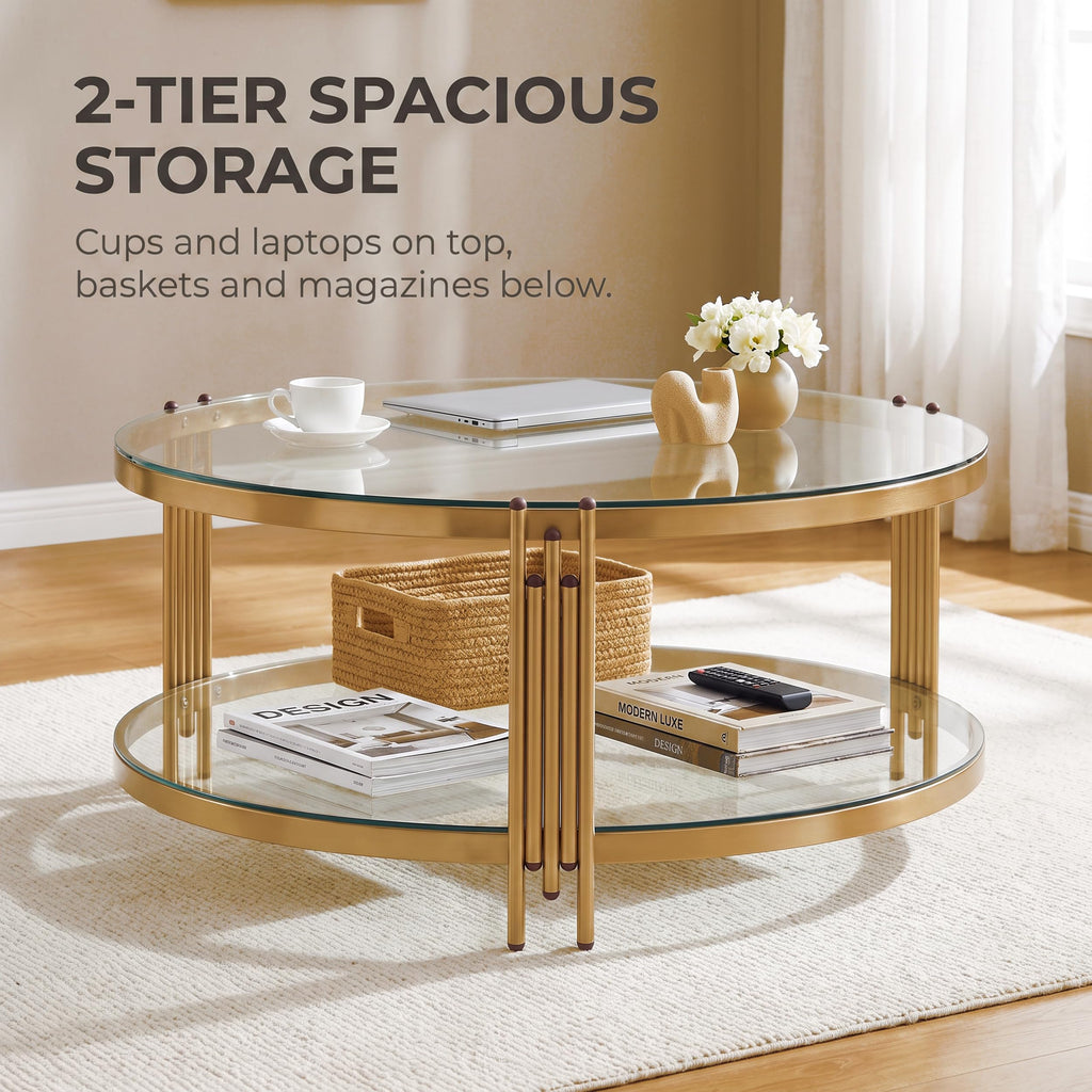 36" Round Glass Coffee Table, Gold Circle Coffee Table with Storage