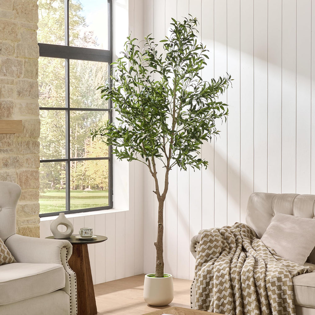 7ft Artificial Olive Tree Indoor with Tall White Planter, Realistic Faux Olive Tree with Natural Wood Trunks