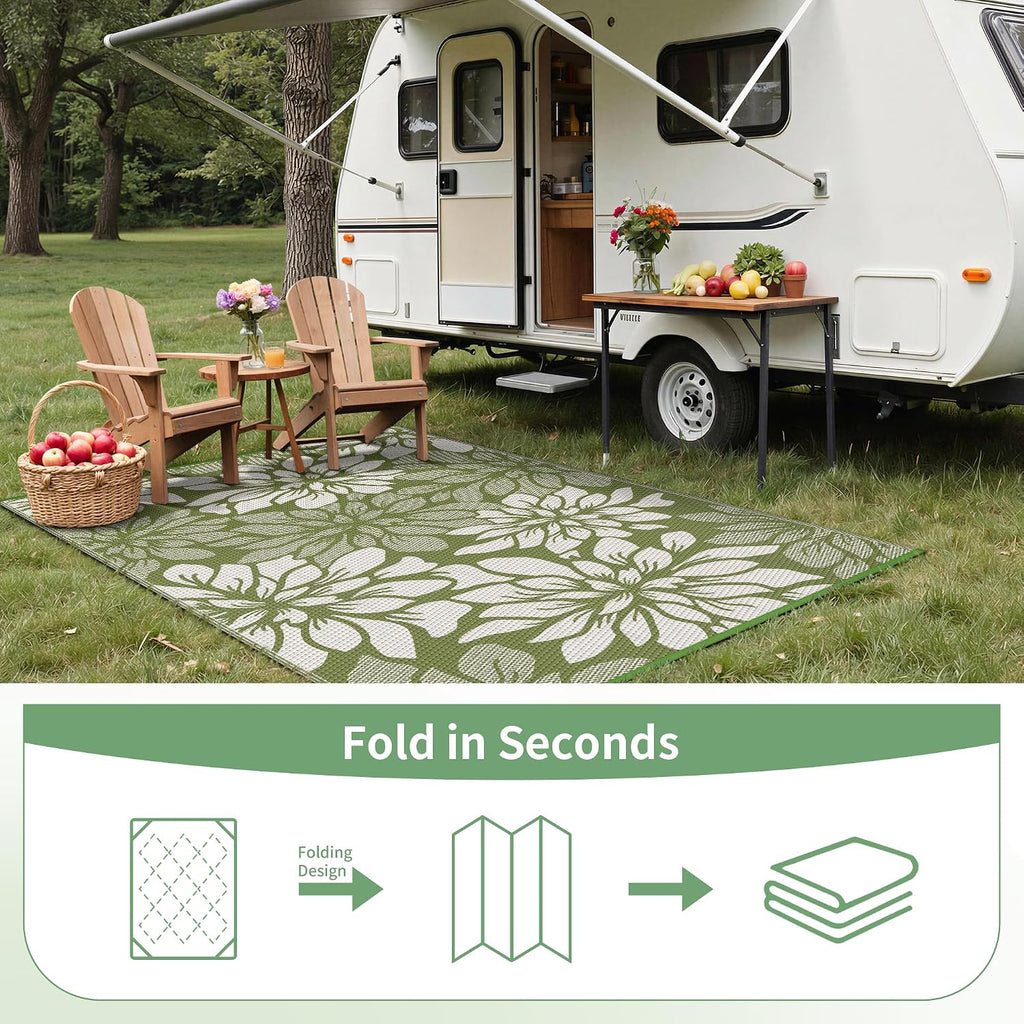 Outdoor Rug Waterproof Decor, 6' x 9' Reversible Plastic Straw Floral Camping Carpet, Large Area Rugs Mats for RV