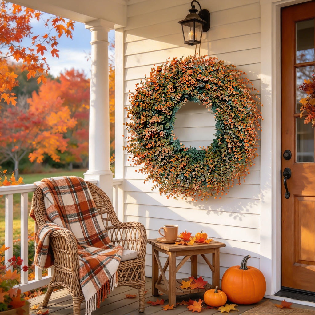 Fall Wreath for Front Door 26 inch Boxwood Wreath Eucalyptus Leaves
