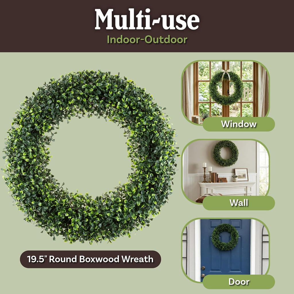 Round Boxwood Wreath for Front Door, Green, 19.5" x 2.5"