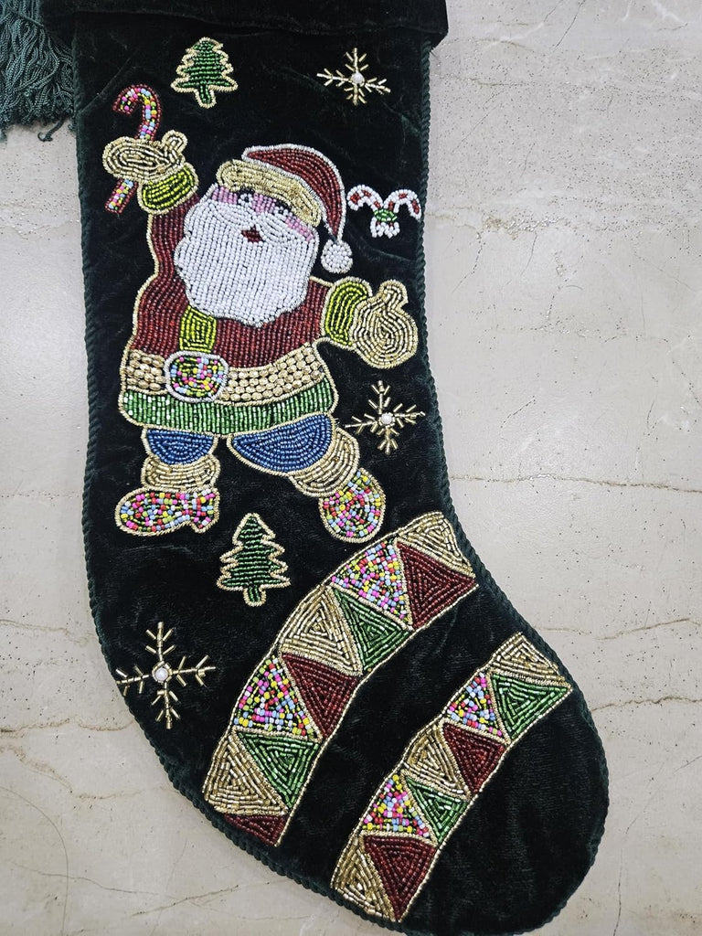 Luxury Green Velvet Christmas Stocking with Beaded Santa Claus Embroidery, Handmade Holiday Stocking with Tassel