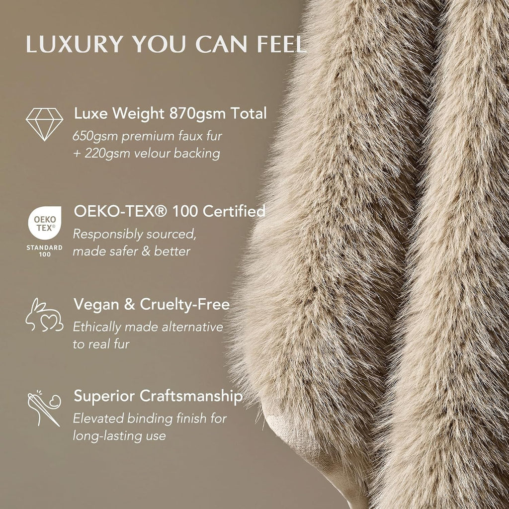 Luxury Faux Fur Throw Blanket, 50"x60", Natural Mink | Fluffy Faux Mink Blanket, Soft Cozy Plush, Thick Warm Winter