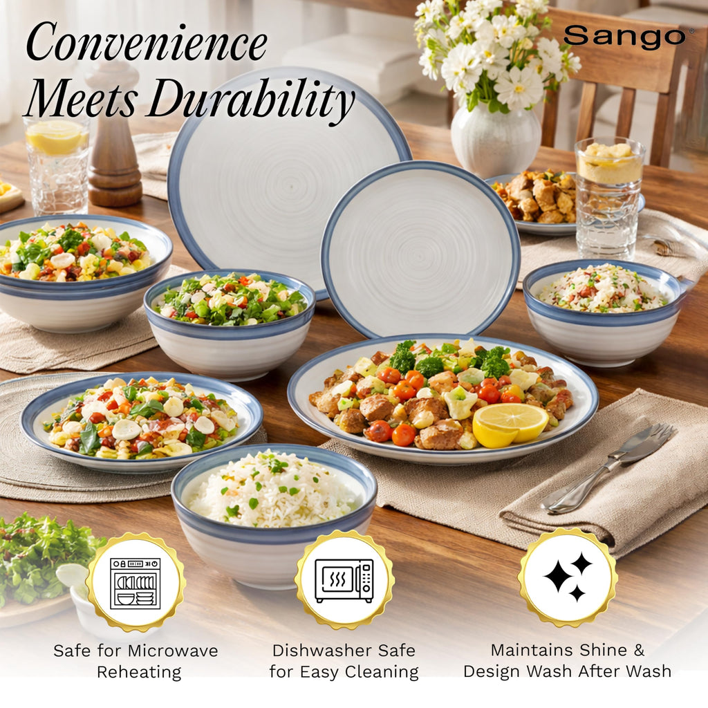 Siterra Santorini 16-Piece Stoneware Dinnerware Set for 4, Ceramic White Plates and Bowls Sets with Blue Rim &