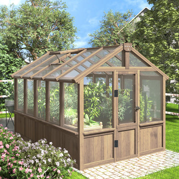 6' x10' Wood Greenhouse for Outdoors with Lockable Door, Cedar Frame & Adjustable Vent, Wooden Green House with 6MM