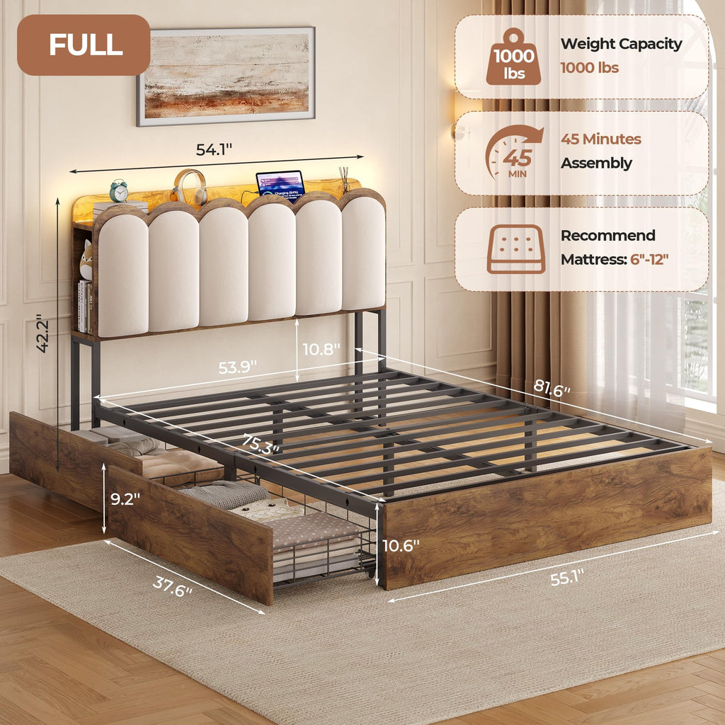 Bed Frame with 2 Storage Drawers, Charging Station & RGB LED Lights, Upholstered Storage Headboard, Cream White