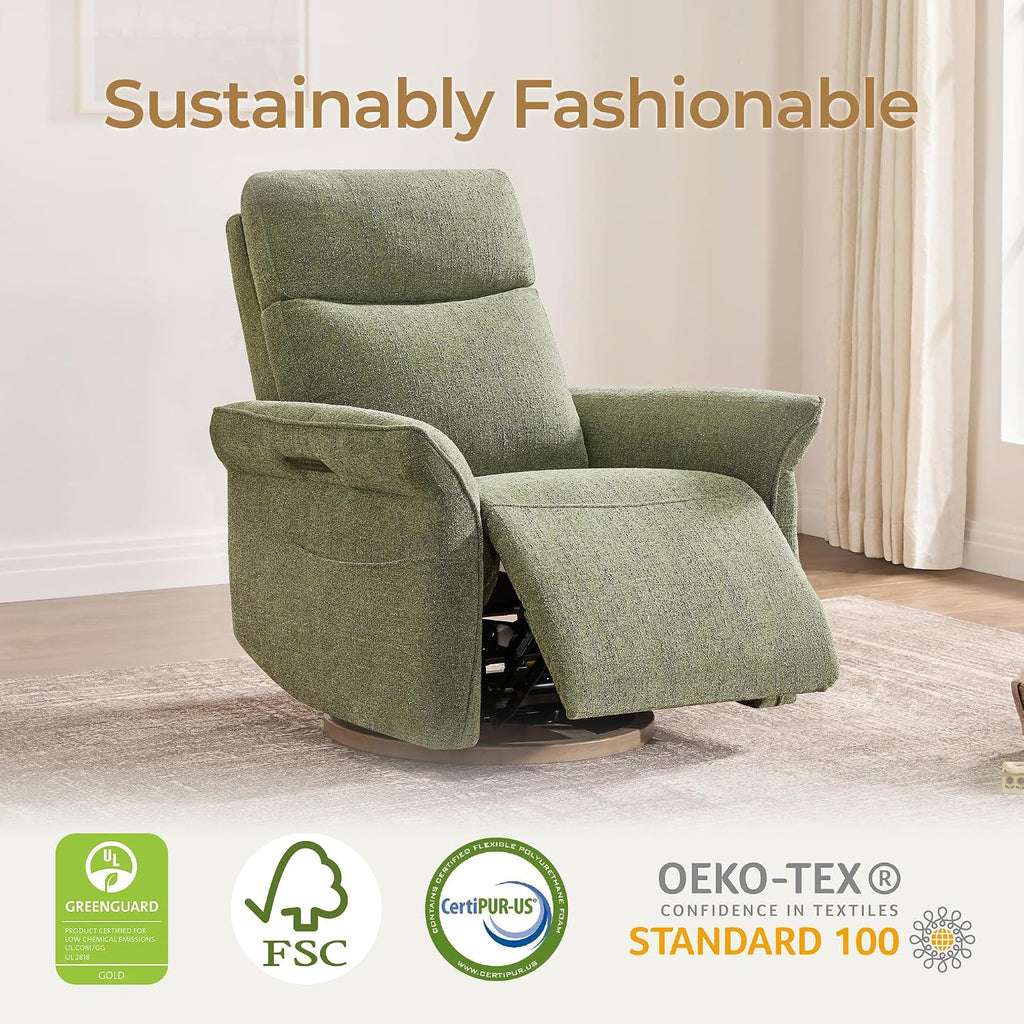 Power Swivel Glider Nursery Recliner Chair, Triple Motor, Green | Electric Nursery Rocking Chair with Adjustable