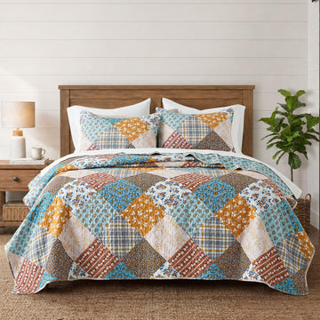 Multicolor Patchwork Quilt Set, Reversible Country Vintage Farmhouse Floral Paisley Bedding Set, Soft