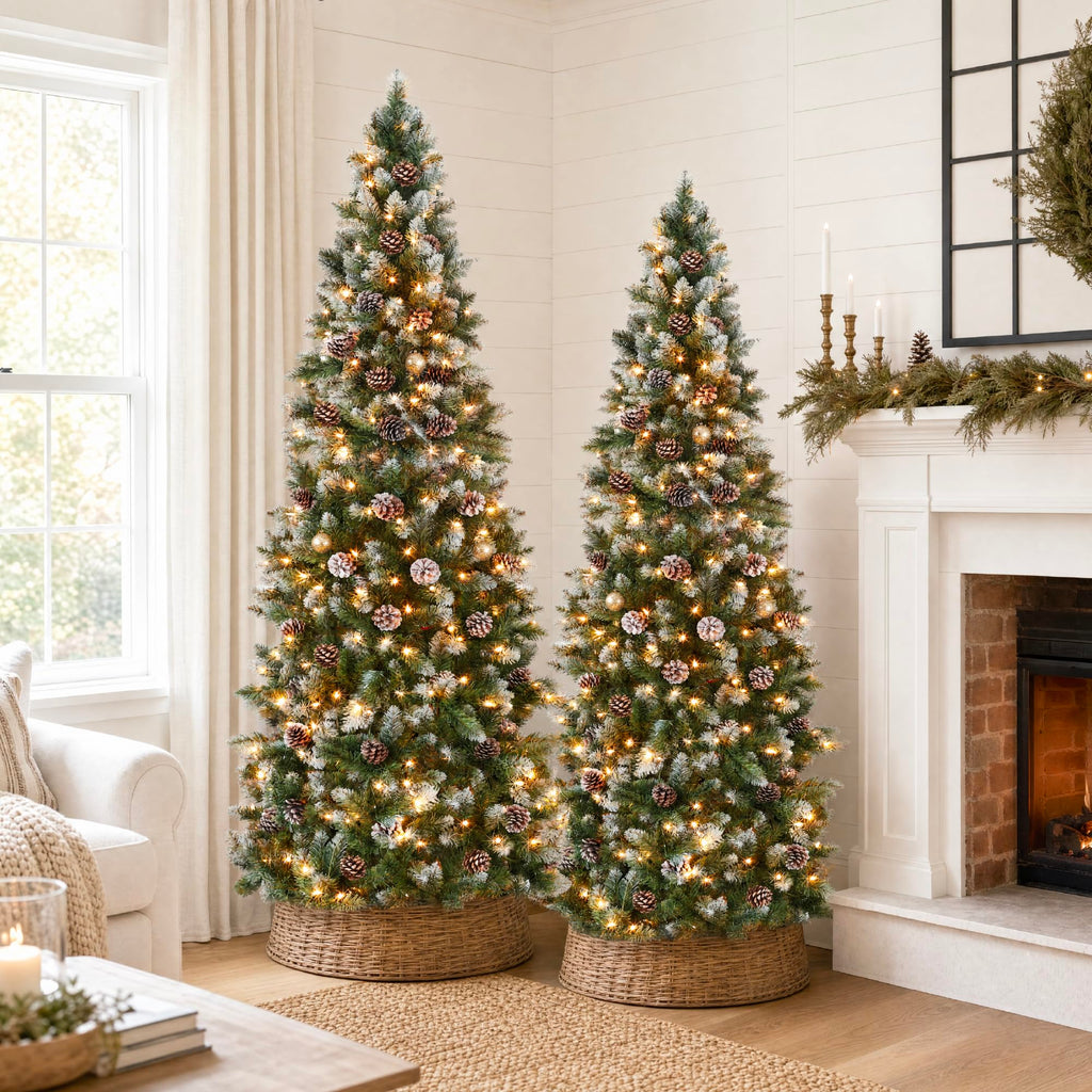 12ft Pre-lit Pencil Christmas Tree Pine w/Warm White Lights Partially Flocked Frosted Slim Holiday Decoration Skinny