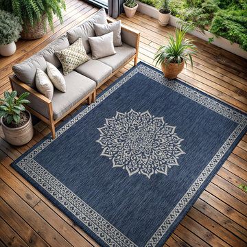 Outdoor Rug 10x14 Medallion Blue Modern Large Area Rugs for Indoor and Outdoor Patios Kitchen and Hallway Mats