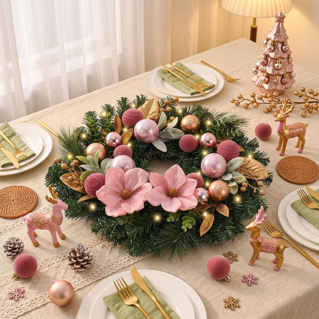 24" Magnolia Christmas Wreath for Front Door with Lights