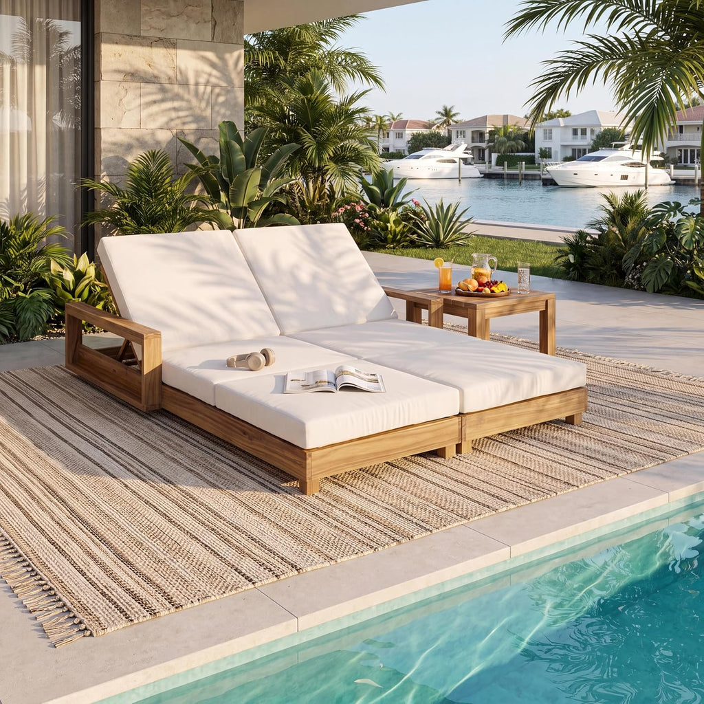 Acacia Wood Chaise Lounge Chair Outdoor, Spacious Double Outdoor Chaise Lounge with 3-Fold Cushions, 4 Position