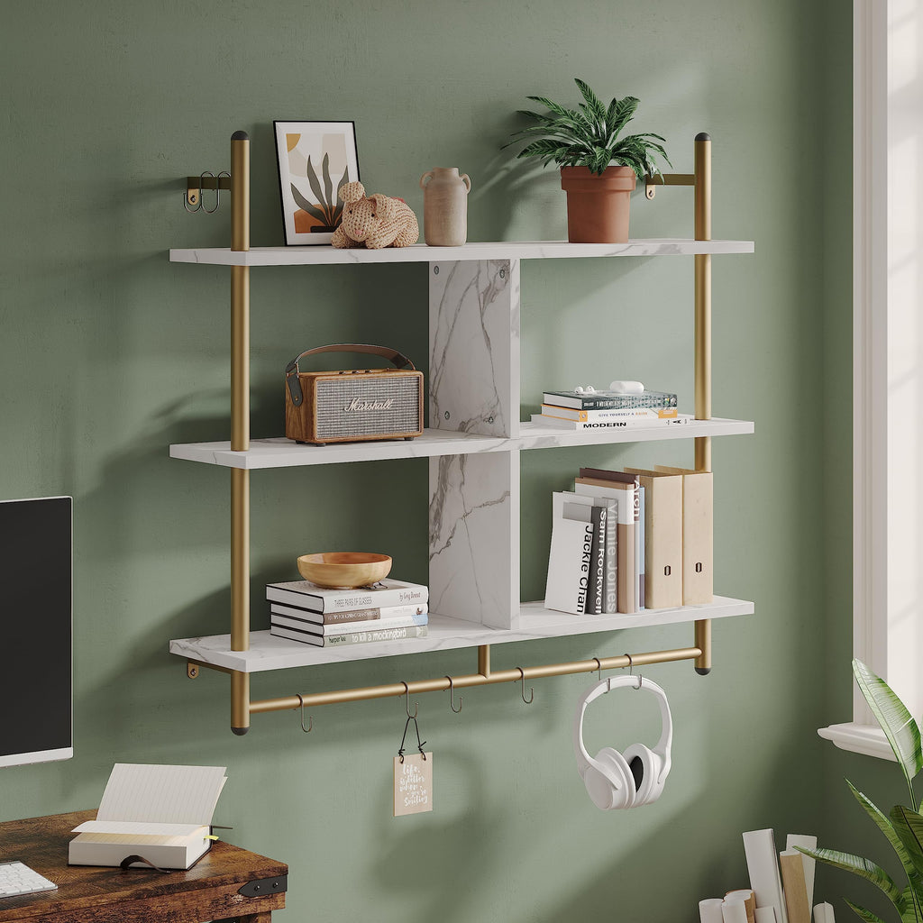 Kitchen Shelves Wall Mounted Floating Pipe Shelving 3 Tier 41.5" Coffee Bar Shelf with Holder Wall Display Storage