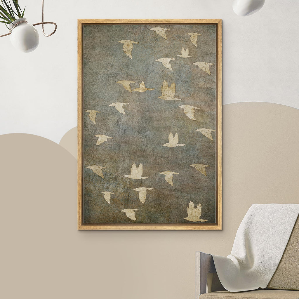 Framed Canvas Print Wall Art Grunge Gold Flying Bird Collage Nature Wilderness Illustrations Modern Art Decorative