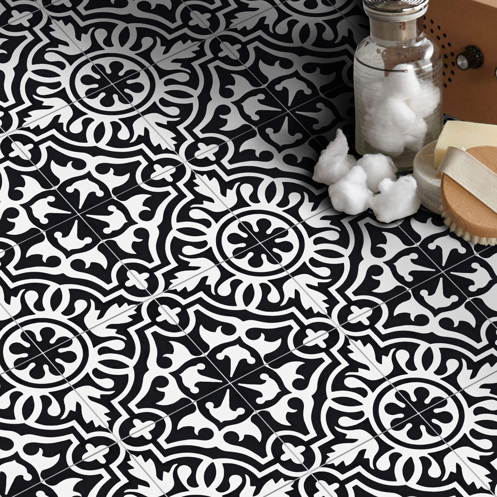 Handmade Cement Tile, 8x8-in, Black and White, Pack of 12