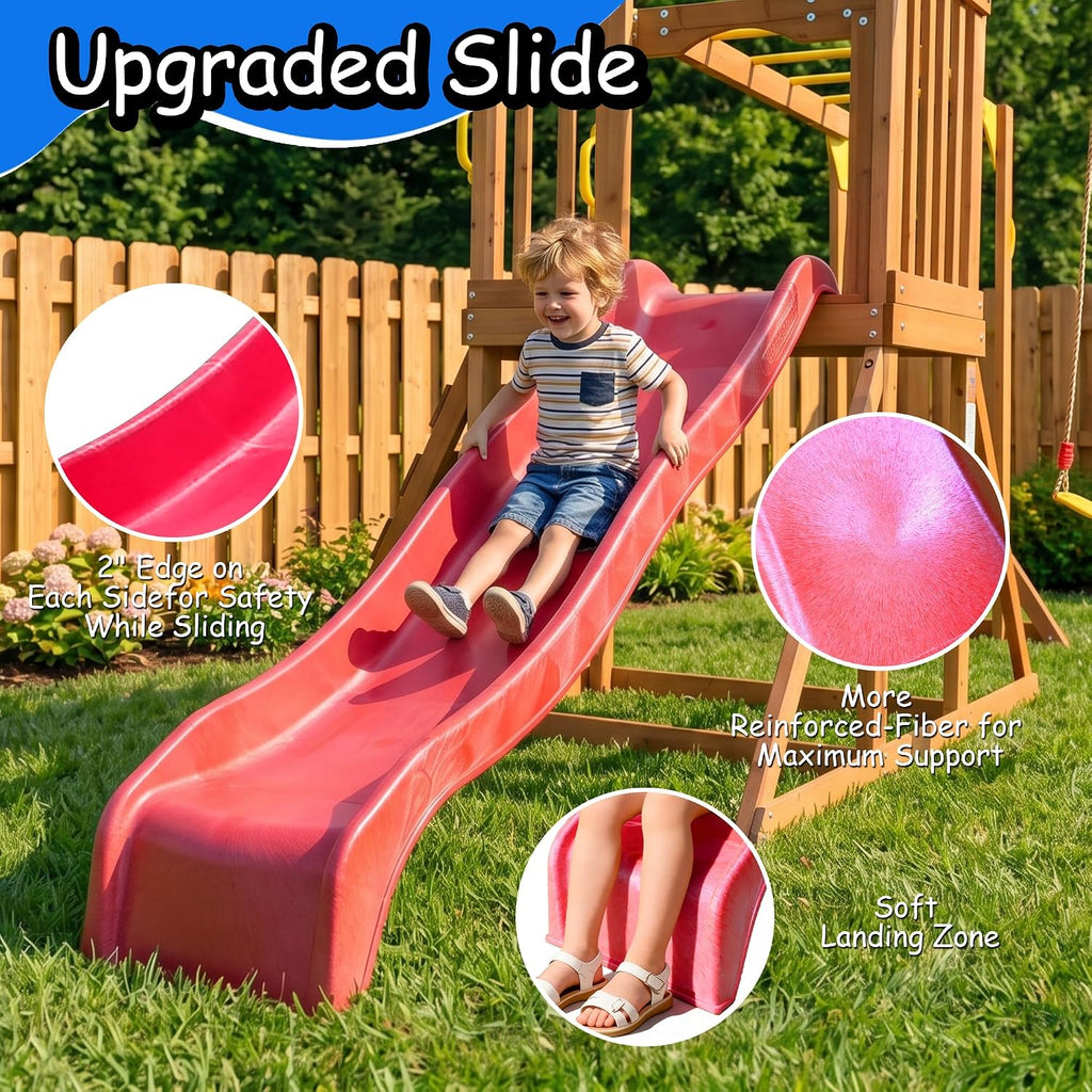 Wooden Swing Sets for Backyard | Outdoor Playground Set with Monkey Bars, Wave Slide, 2 Belt Swings, Climbing Ladder